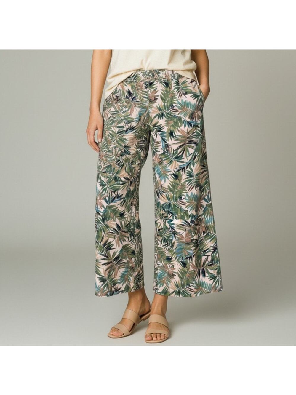 NWT J.Jill Wearever Wide Leg Cropped Pants Womens L Oatmeal Layered Palm Pull On
